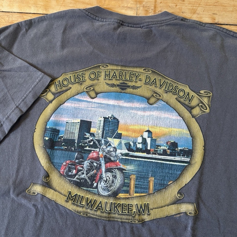 VTG Harley Davidson Milwaukee Skyline T-Shirt Mens L Biker Grunge 2005 y2k Skate